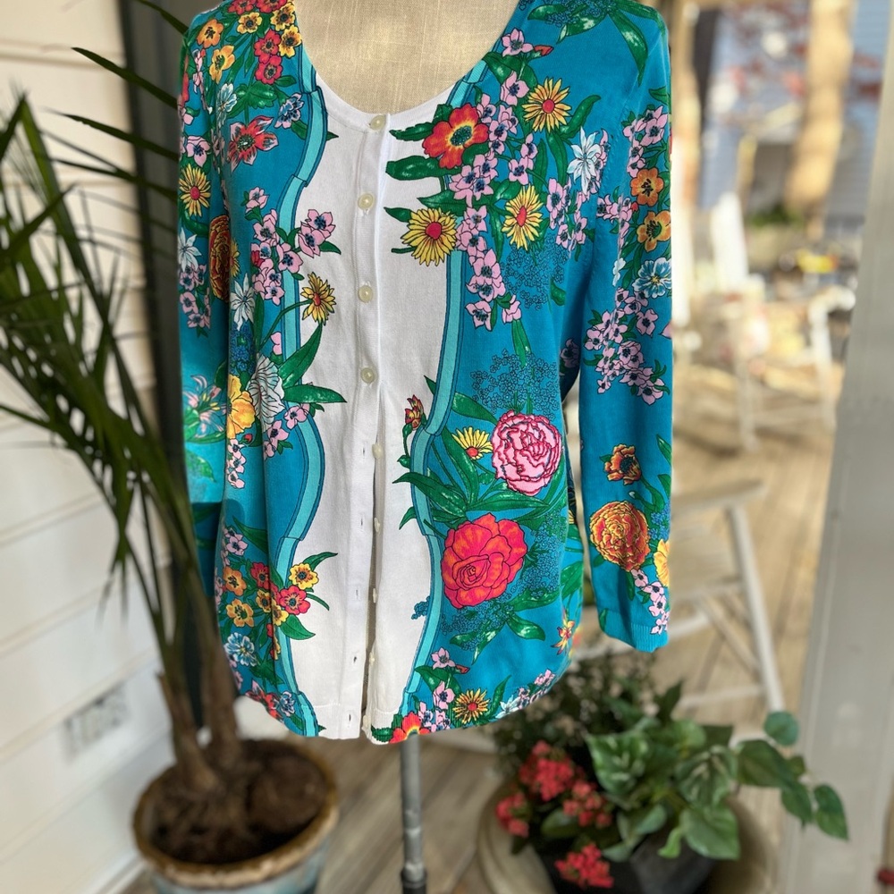 Talbots Luxury Garden Collection Cardigan, Turquoise Floral Print, Size XLP, EUC - Picture 8 of 10